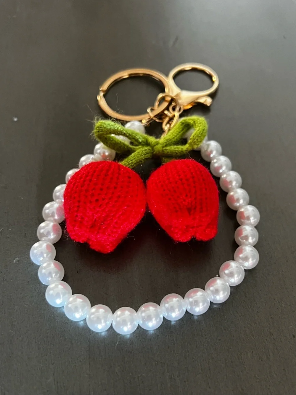 Cherry Red Tulip Flower Floral Crochet White Pearl Chain Gold 4.5” Bag Charm